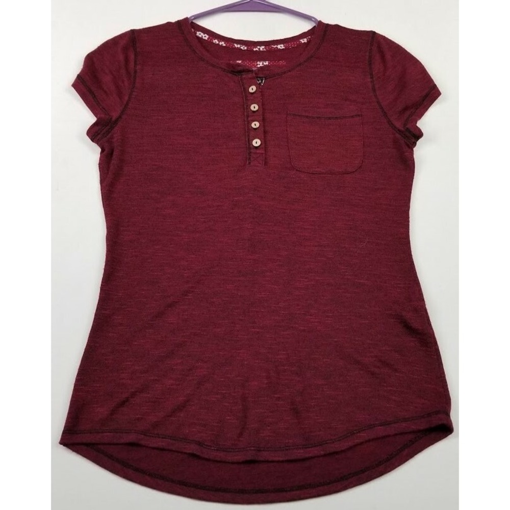 Mine T Shirt Women's Small S Red Henley Short Sleeve Pocket Stretch Tee Top Knit